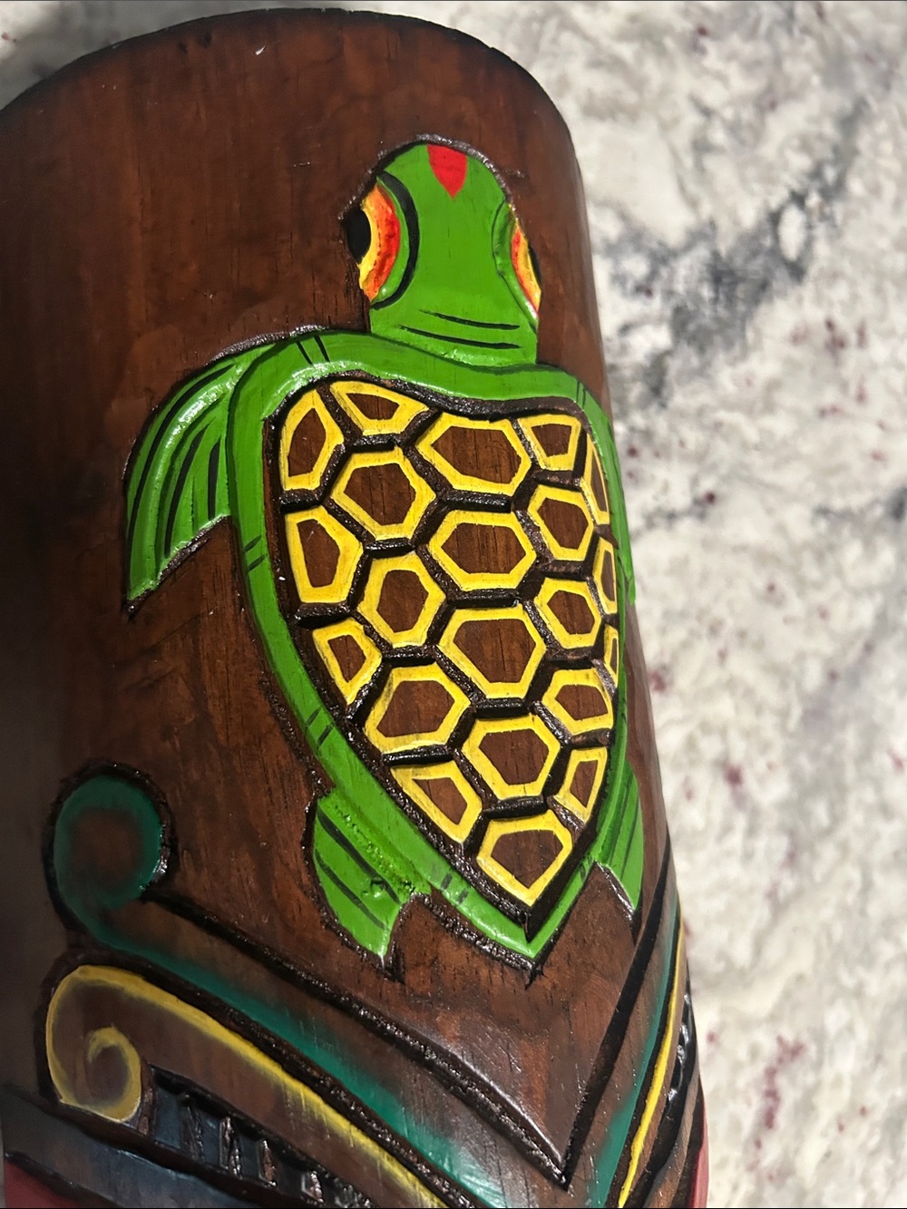 Hand-Painted Wooden Tiki Mask with Turtle Motif - Brown, Green & Red - Picture 7 of 7